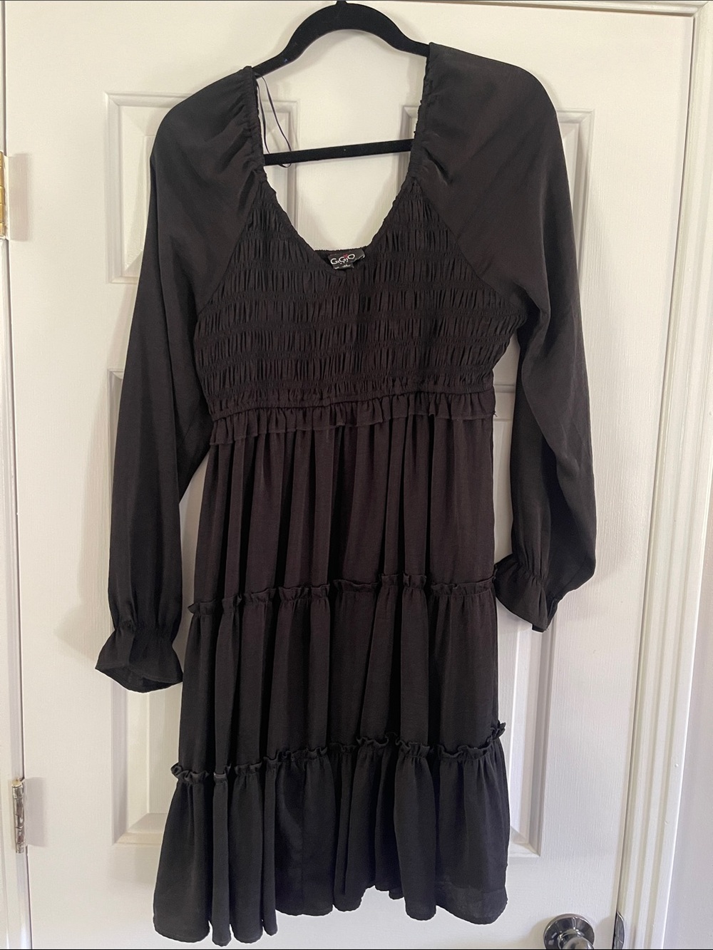 Black Long-Sleeve Smocked Tiered Dress